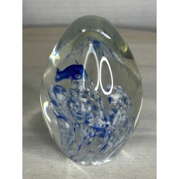 Handcrafted Glass Paperweight With Blue Fish & White Accents - Picture 7 of 11